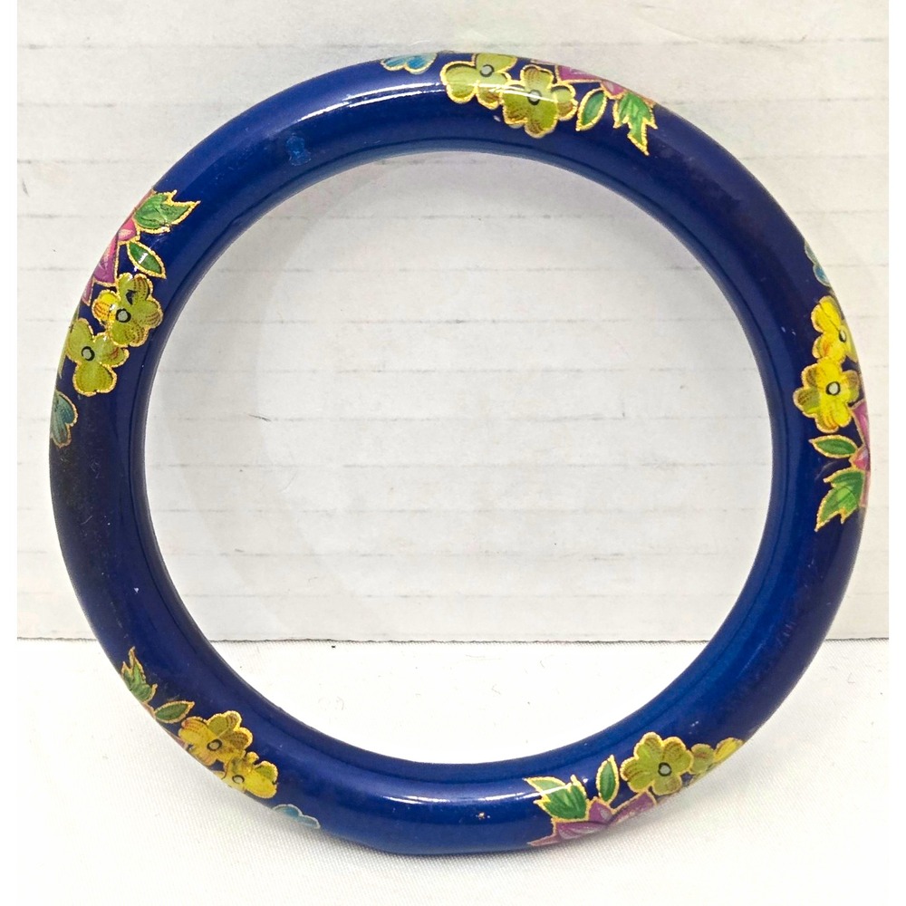 Vintage Chinese Cloisonné Blue Enamel Floral Bangle Bracelet 2.5" Inner Diameter
